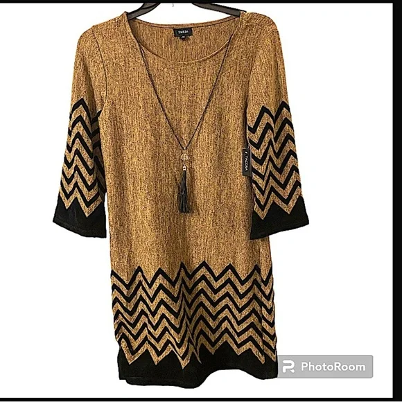 TACERA Women’s Brown Taupe Pullover Long Sleeves Attached Necklace Dress Medium. - Picture 1 of 8